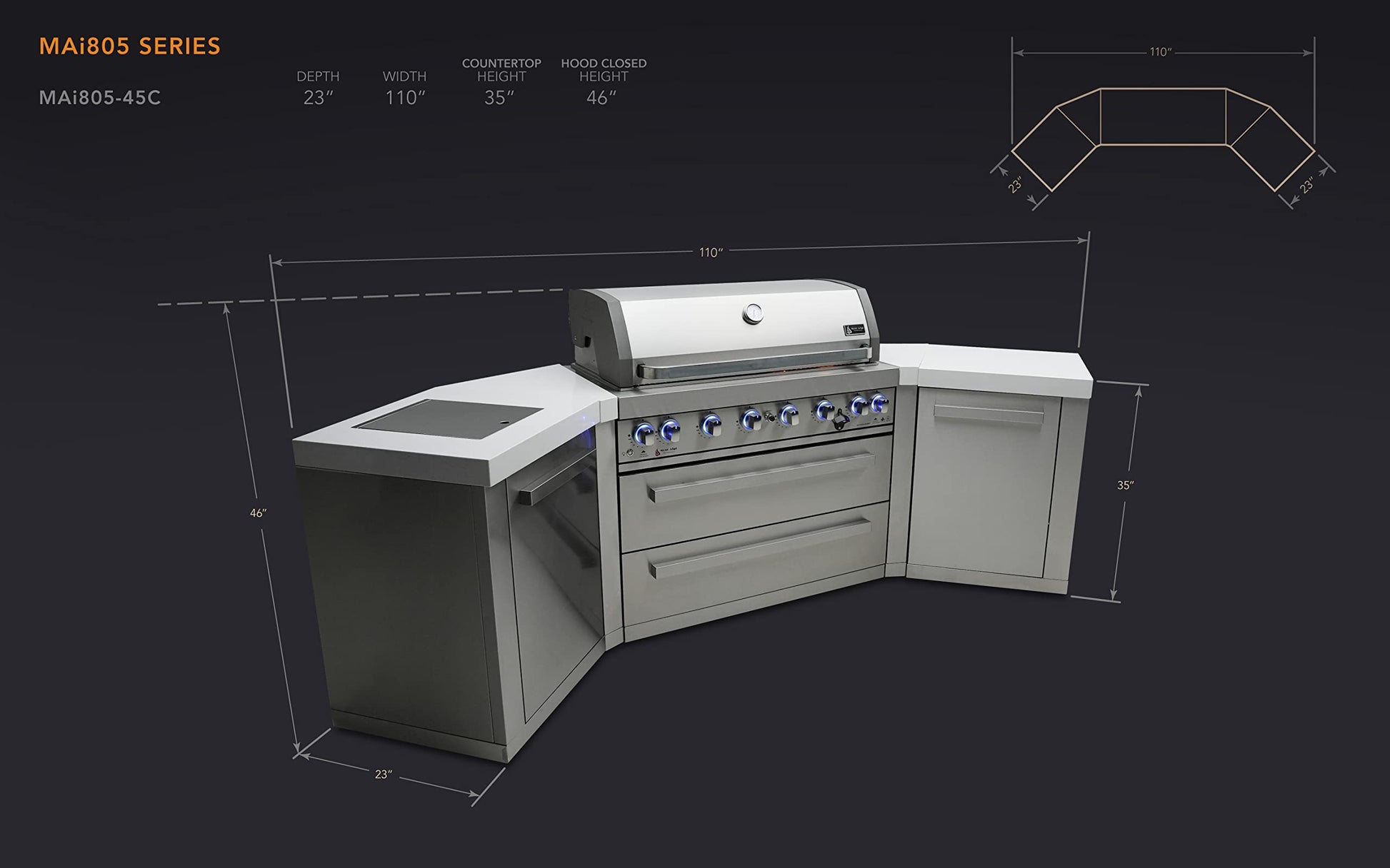 Mont Alpi MAi805-45 44-inch 6-Burner 115000 BTU 45 Degree Stainless Steel Gas Outdoor Kitchen Bar Barbecue Island Grill + Infrared Side & Rear Burners + Granite Countertops + Storage Drawers - CookCave