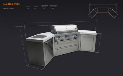 Mont Alpi MAi805-45 44-inch 6-Burner 115000 BTU 45 Degree Stainless Steel Gas Outdoor Kitchen Bar Barbecue Island Grill + Infrared Side & Rear Burners + Granite Countertops + Storage Drawers - CookCave