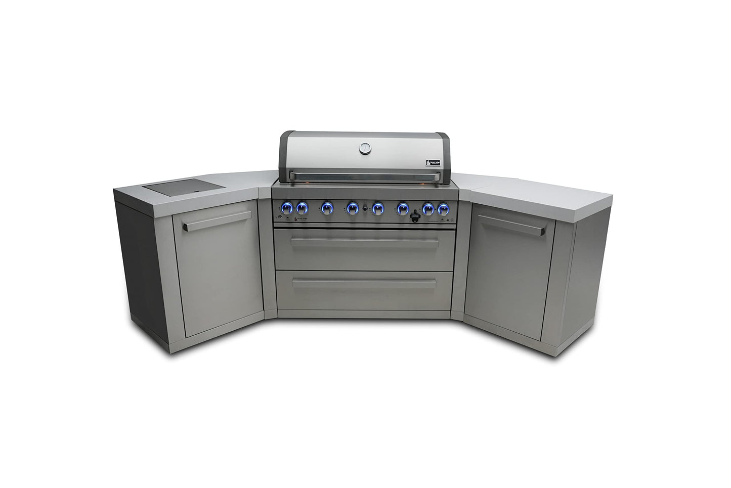 Mont Alpi MAi805-45 44-inch 6-Burner 115000 BTU 45 Degree Stainless Steel Gas Outdoor Kitchen Bar Barbecue Island Grill + Infrared Side & Rear Burners + Granite Countertops + Storage Drawers - CookCave