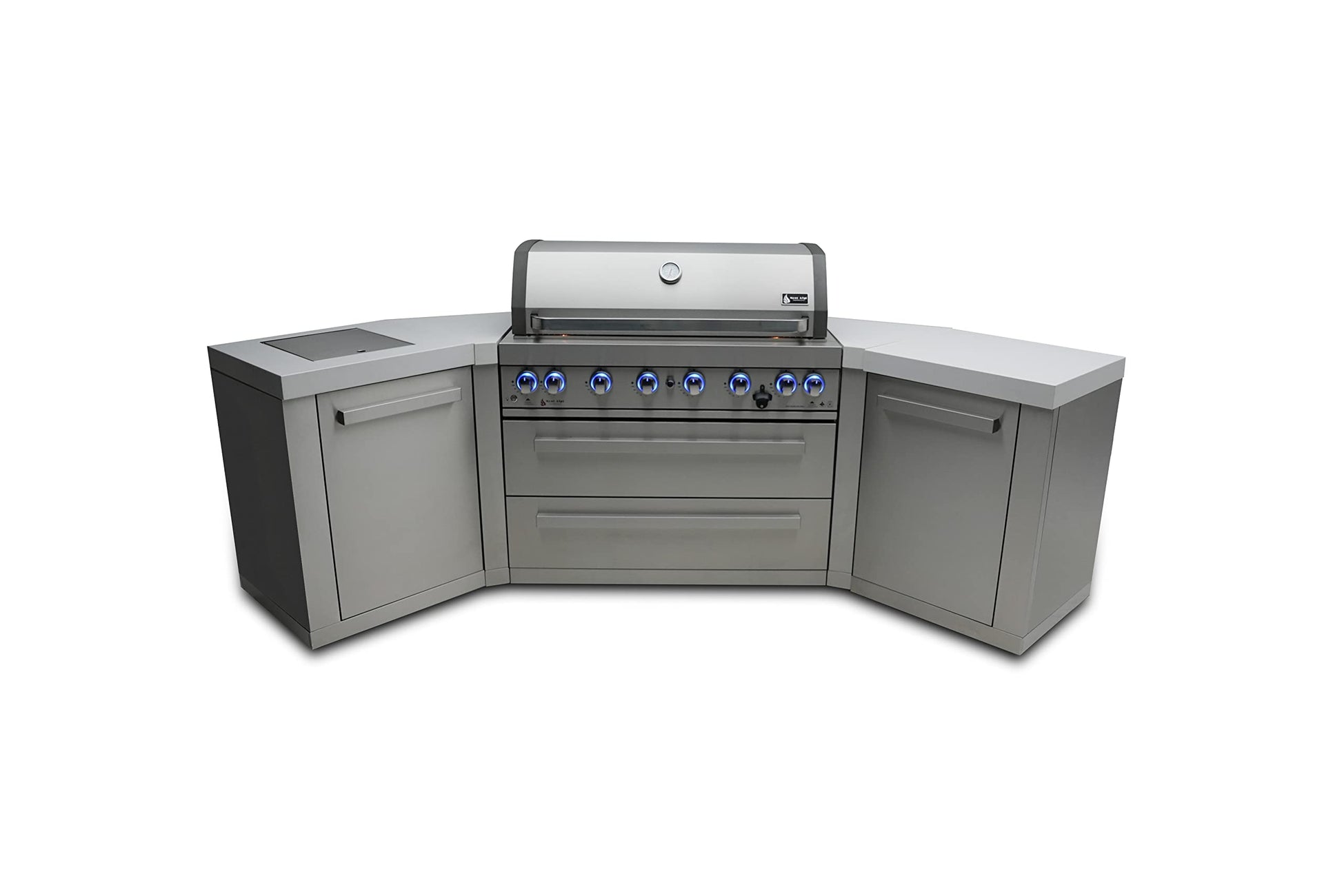 Mont Alpi MAi805-45 44-inch 6-Burner 115000 BTU 45 Degree Stainless Steel Gas Outdoor Kitchen Bar Barbecue Island Grill + Infrared Side & Rear Burners + Granite Countertops + Storage Drawers - CookCave