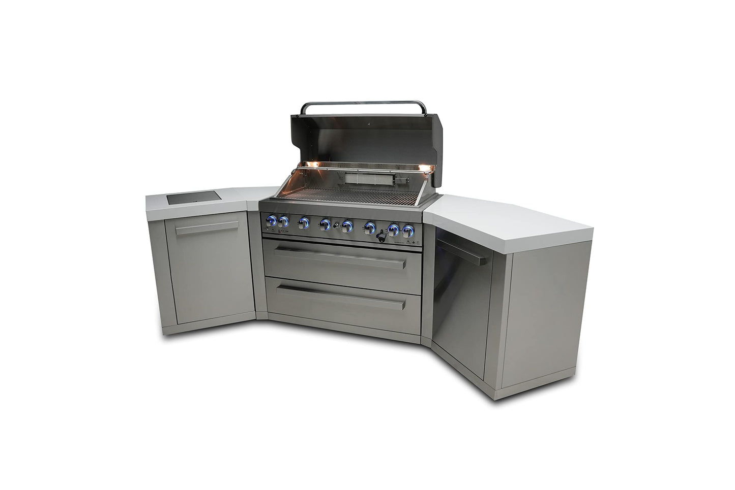 Mont Alpi MAi805-45 44-inch 6-Burner 115000 BTU 45 Degree Stainless Steel Gas Outdoor Kitchen Bar Barbecue Island Grill + Infrared Side & Rear Burners + Granite Countertops + Storage Drawers - CookCave