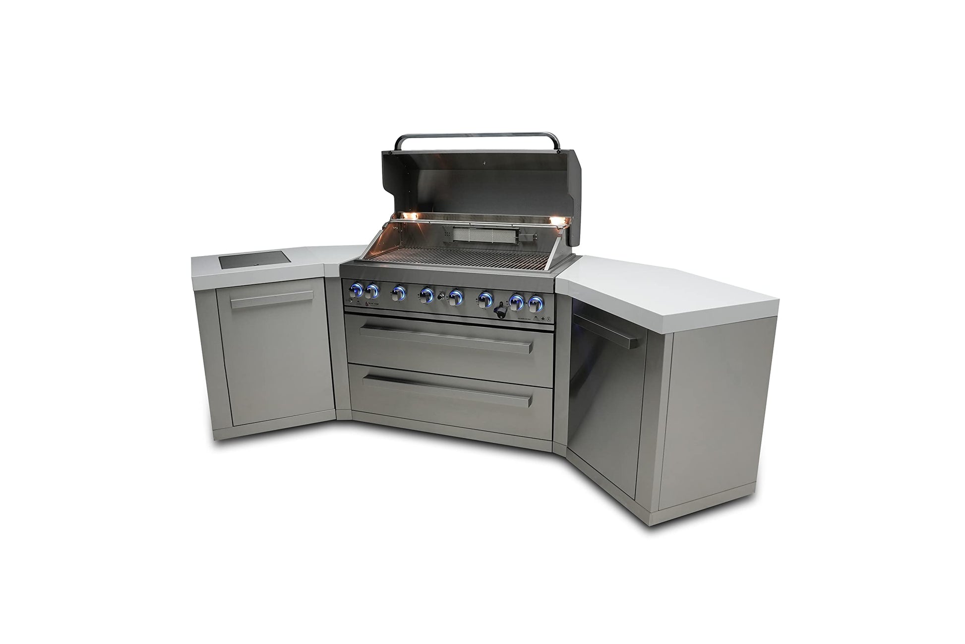 Mont Alpi MAi805-45 44-inch 6-Burner 115000 BTU 45 Degree Stainless Steel Gas Outdoor Kitchen Bar Barbecue Island Grill + Infrared Side & Rear Burners + Granite Countertops + Storage Drawers - CookCave