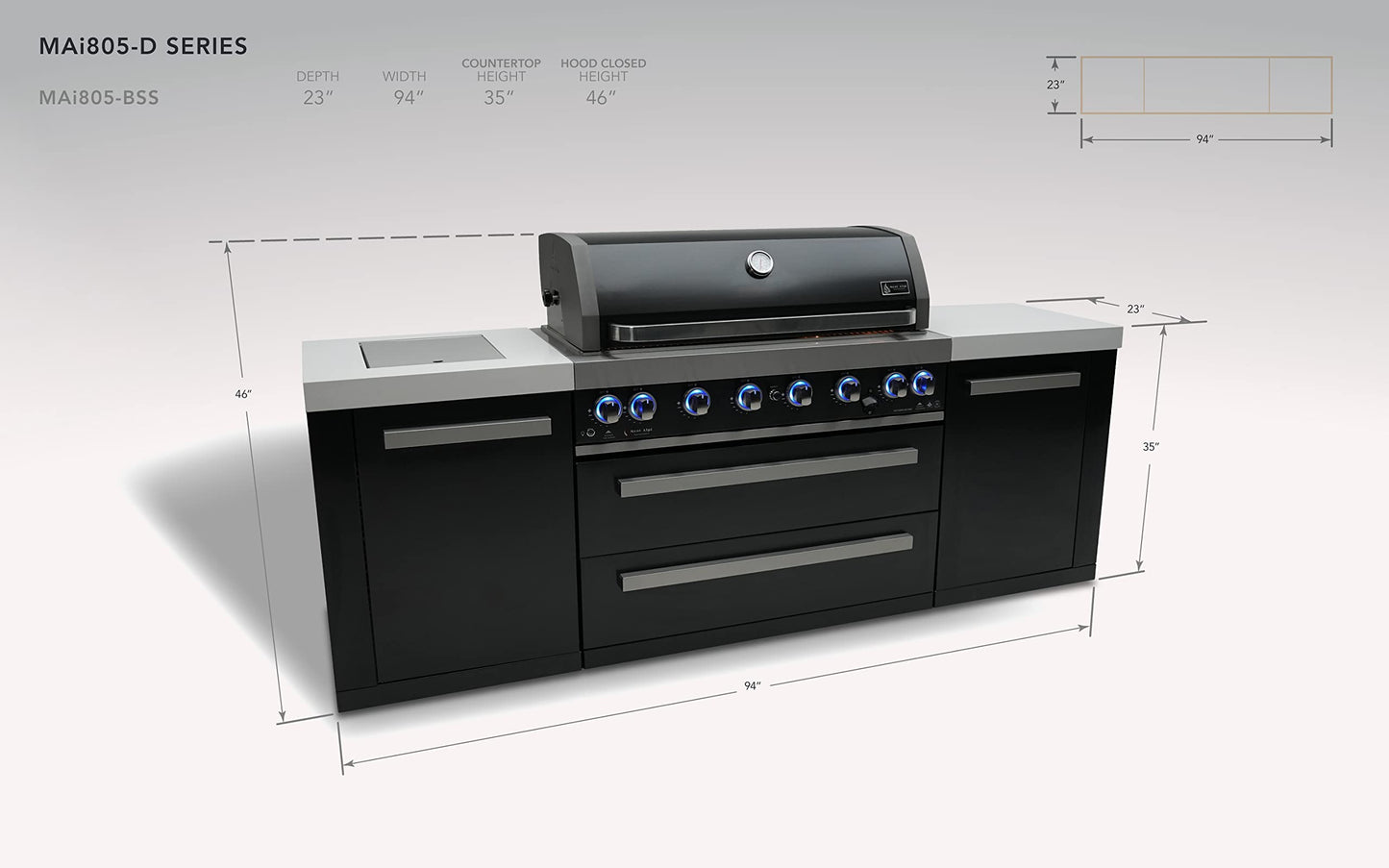 Mont Alpi MAi805-BSS 44-inch 6 Burner Black Stainless Steel Modular Outdoor Kitchen Island Barbecue Grill with Storage + Side Burner + Granite Countertops + Rotisserie, Chopping Board & Grill Cover - CookCave