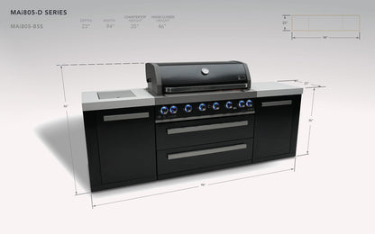 Mont Alpi MAi805-BSS 44-inch 6 Burner Black Stainless Steel Modular Outdoor Kitchen Island Barbecue Grill with Storage + Side Burner + Granite Countertops + Rotisserie, Chopping Board & Grill Cover - CookCave