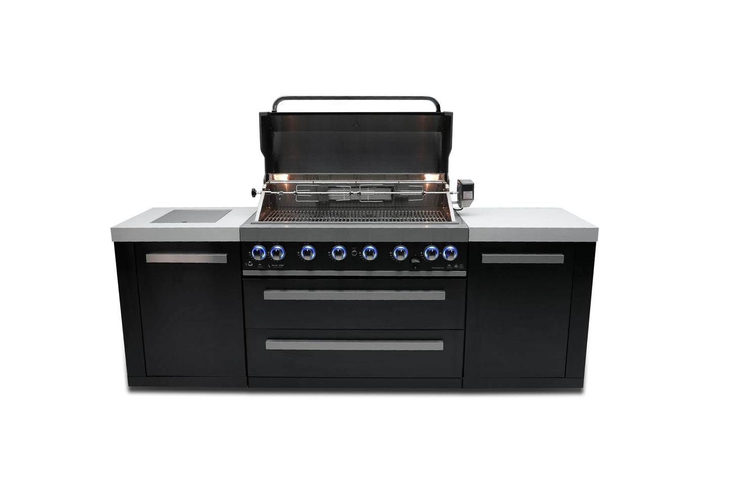 Mont Alpi MAi805-BSS 44-inch 6 Burner Black Stainless Steel Modular Outdoor Kitchen Island Barbecue Grill with Storage + Side Burner + Granite Countertops + Rotisserie, Chopping Board & Grill Cover - CookCave