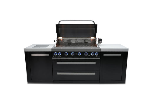 Mont Alpi MAi805-BSS 44-inch 6 Burner Black Stainless Steel Modular Outdoor Kitchen Island Barbecue Grill with Storage + Side Burner + Granite Countertops + Rotisserie, Chopping Board & Grill Cover - CookCave