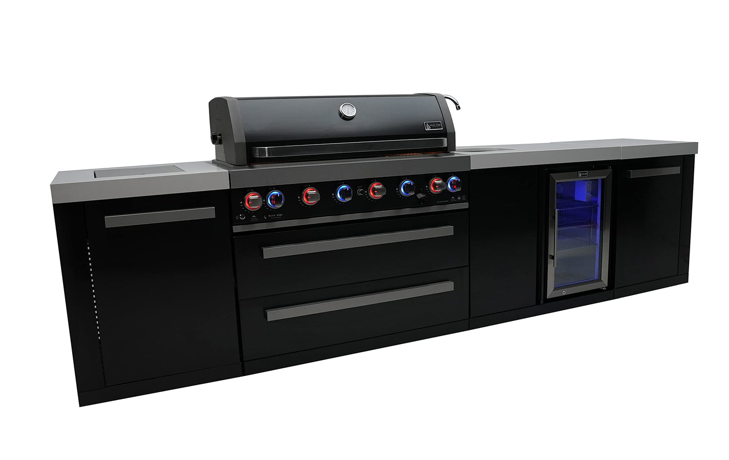Mont Alpi MAi805-BSSBEV 44-inch 6-Burner 115000 BTU Black Stainless Steel Island Outdoor Kitchen Gas Barbecue Grill + Wine Cooler Beverage Center - Granite Countertops + Faucet & Sink - CookCave