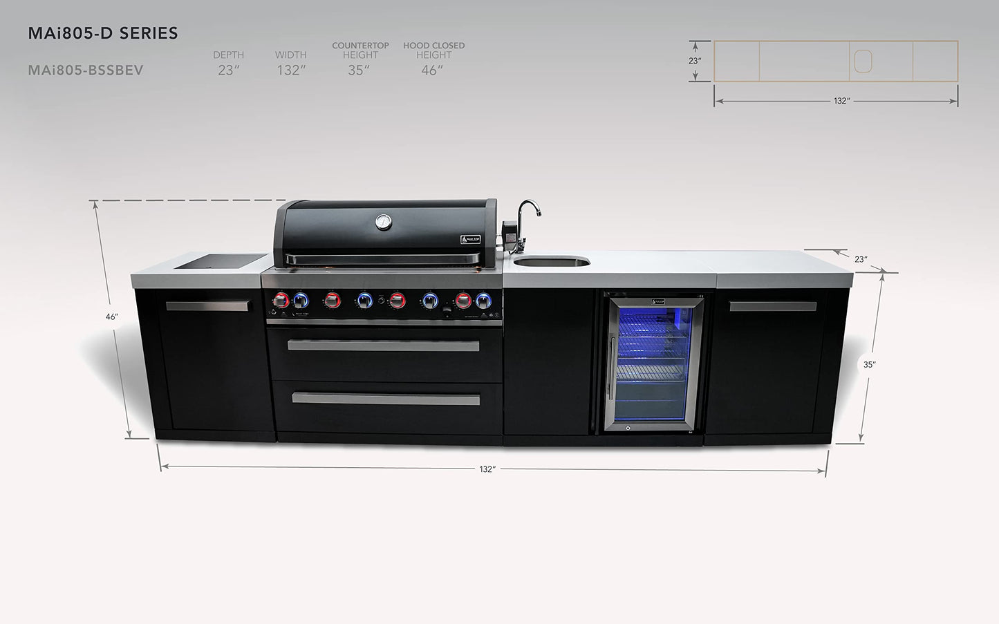 Mont Alpi MAi805-BSSBEV 44-inch 6-Burner 115000 BTU Black Stainless Steel Island Outdoor Kitchen Gas Barbecue Grill + Wine Cooler Beverage Center - Granite Countertops + Faucet & Sink - CookCave