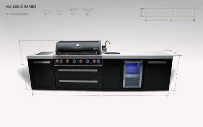 Mont Alpi MAi805-BSSBEV 44-inch 6-Burner 115000 BTU Black Stainless Steel Island Outdoor Kitchen Gas Barbecue Grill + Wine Cooler Beverage Center - Granite Countertops + Faucet & Sink - CookCave