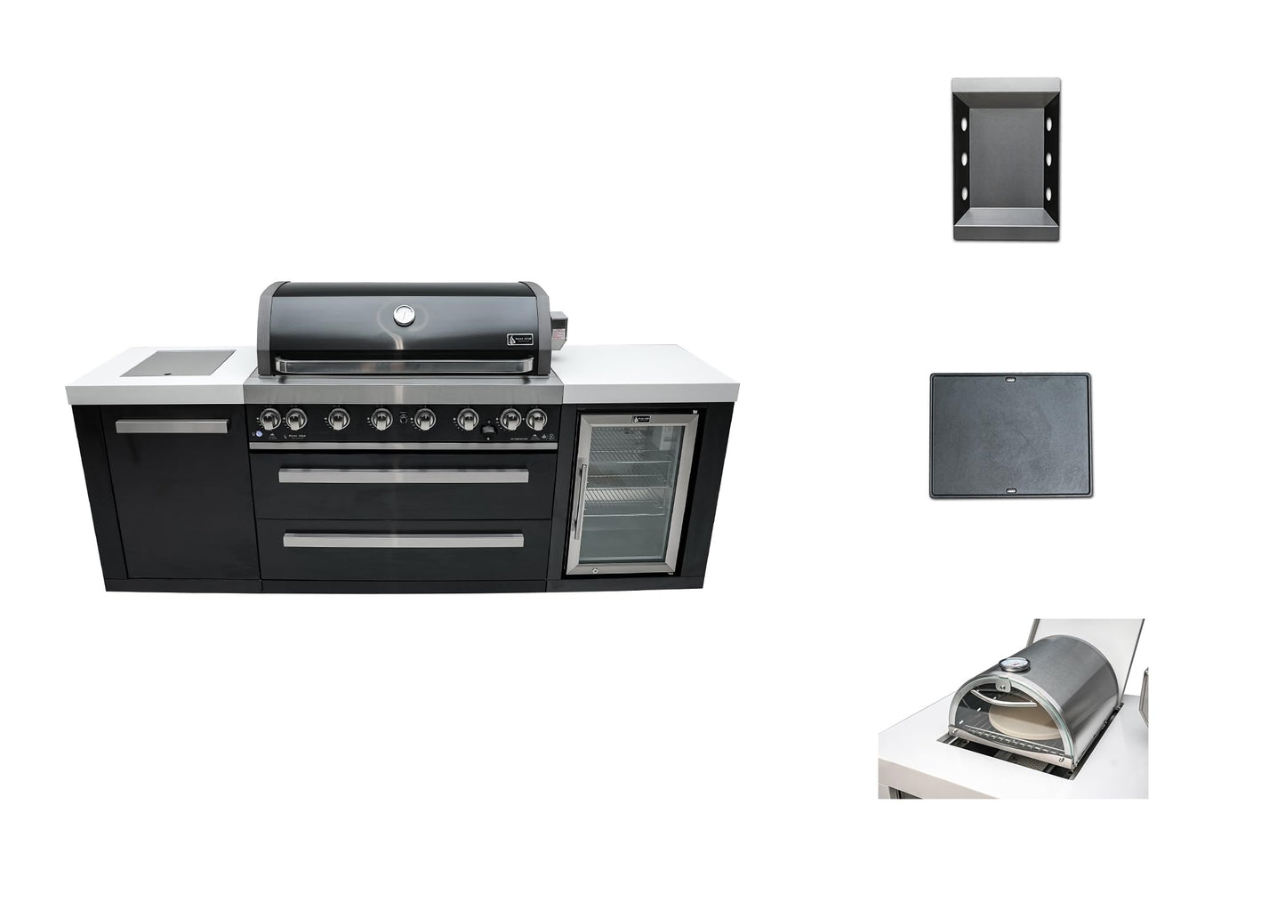 Mont Alpi MAi805-BSSFC-COMBO 44-inch 6 Burner 115000 BTU Black Stainless Steel Gas Outdoor Kitchen Island Barbecue Grill with Fridge Cabinet + Side Burner Pizza Oven, Charcoal Tray & Griddle Plate - CookCave