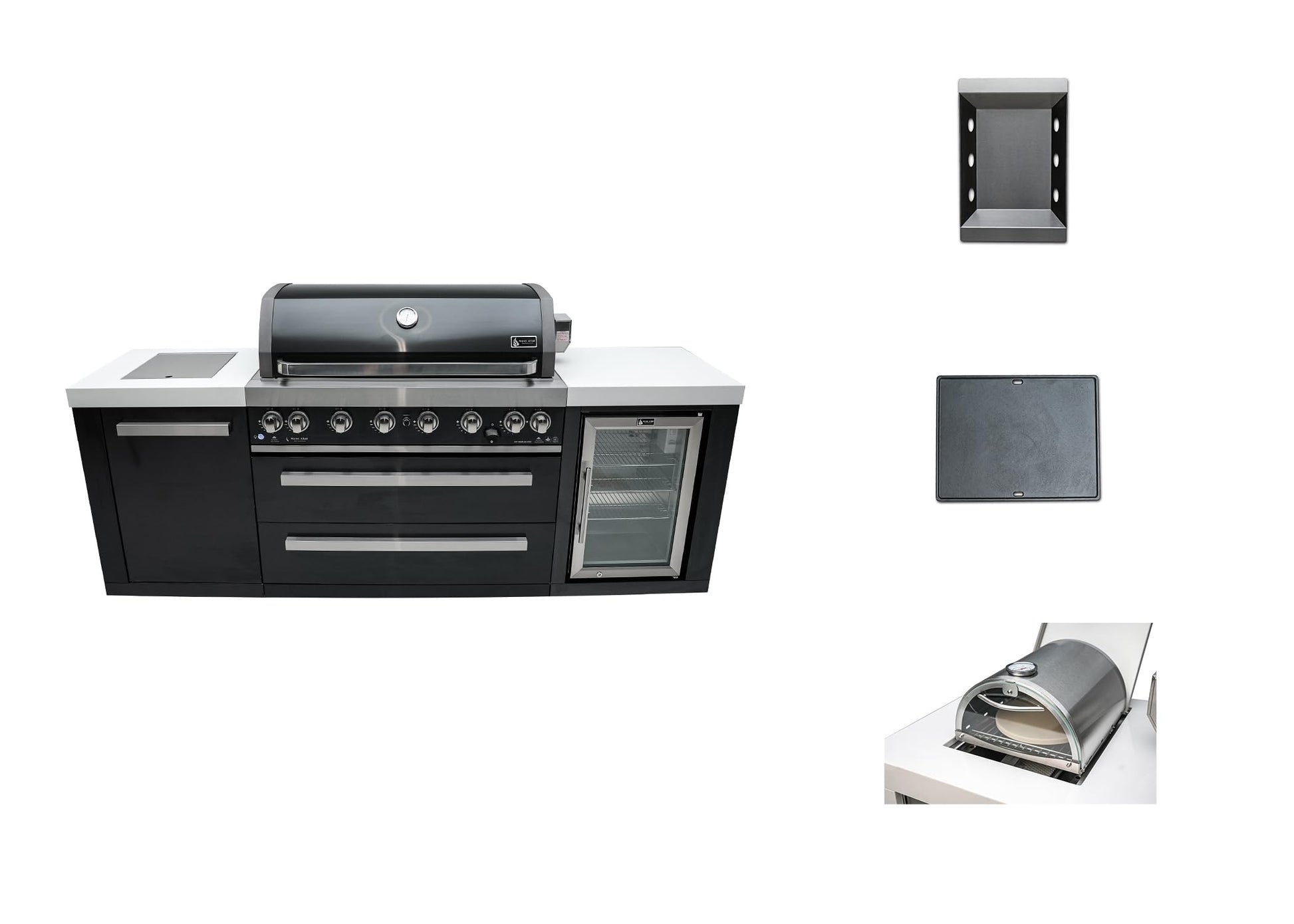 Mont Alpi MAi805-BSSFC-COMBO 44-inch 6 Burner 115000 BTU Black Stainless Steel Gas Outdoor Kitchen Island Barbecue Grill with Fridge Cabinet + Side Burner Pizza Oven, Charcoal Tray & Griddle Plate - CookCave