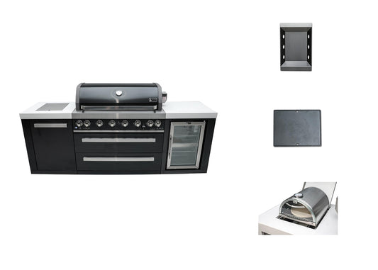Mont Alpi MAi805-BSSFC-COMBO 44-inch 6 Burner 115000 BTU Black Stainless Steel Gas Outdoor Kitchen Island Barbecue Grill with Fridge Cabinet + Side Burner Pizza Oven, Charcoal Tray & Griddle Plate - CookCave