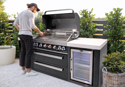 Mont Alpi MAi805-BSSFC-COMBO 44-inch 6 Burner 115000 BTU Black Stainless Steel Gas Outdoor Kitchen Island Barbecue Grill with Fridge Cabinet + Side Burner Pizza Oven, Charcoal Tray & Griddle Plate - CookCave