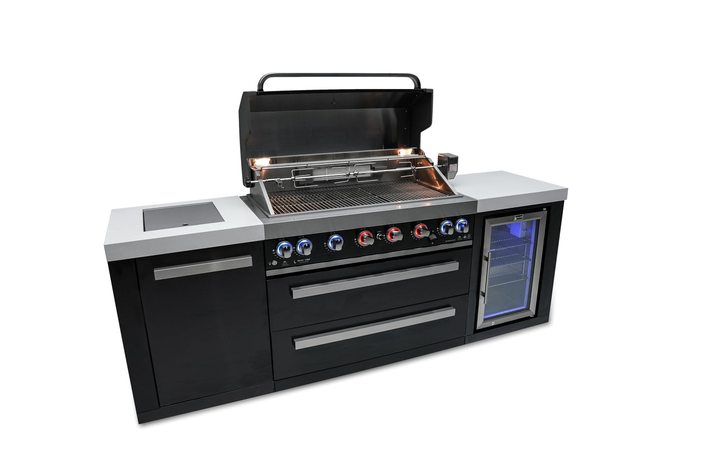 Mont Alpi MAi805-BSSFC-COMBO 44-inch 6 Burner 115000 BTU Black Stainless Steel Gas Outdoor Kitchen Island Barbecue Grill with Fridge Cabinet + Side Burner Pizza Oven, Charcoal Tray & Griddle Plate - CookCave