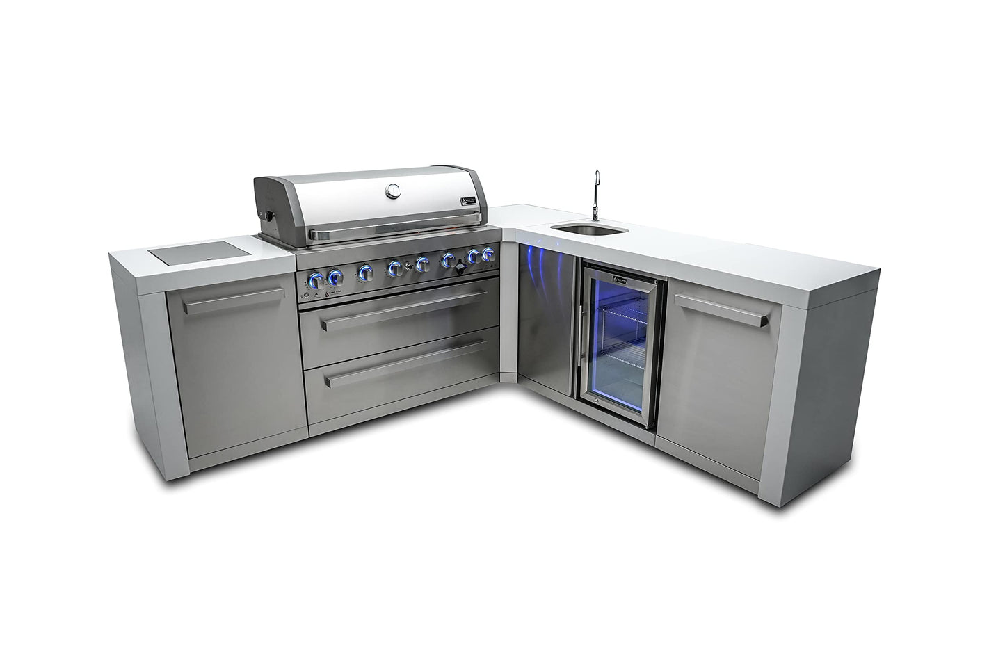 Mont Alpi MAi805-D90BEV Deluxe 90 Degree 6-Burner 115000 BTU Deluxe Stainless Steel Island Outdoor Kitchen Gas Barbecue Grill w/Wine Cooler Beverage Center Granite Countertops + Faucet & Sink - CookCave