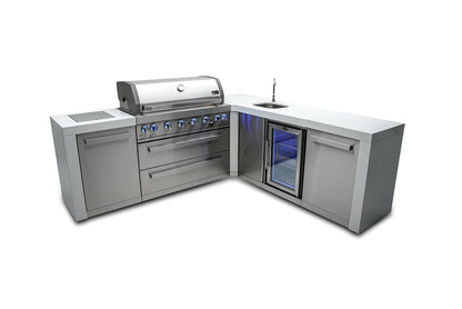 Mont Alpi MAi805-D90BEV Deluxe 90 Degree 6-Burner 115000 BTU Deluxe Stainless Steel Island Outdoor Kitchen Gas Barbecue Grill w/Wine Cooler Beverage Center Granite Countertops + Faucet & Sink - CookCave
