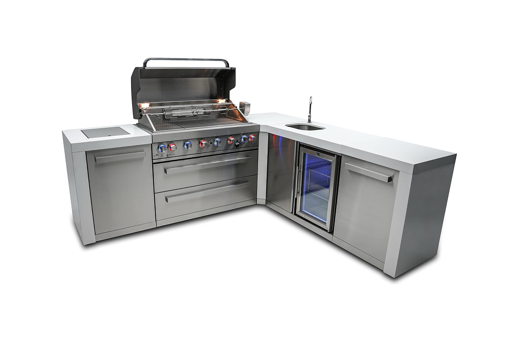 Mont Alpi MAi805-D90BEV Deluxe 90 Degree 6-Burner 115000 BTU Deluxe Stainless Steel Island Outdoor Kitchen Gas Barbecue Grill w/Wine Cooler Beverage Center Granite Countertops + Faucet & Sink - CookCave