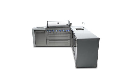 Mont Alpi MAi805-D90BEV Deluxe 90 Degree 6-Burner 115000 BTU Deluxe Stainless Steel Island Outdoor Kitchen Gas Barbecue Grill w/Wine Cooler Beverage Center Granite Countertops + Faucet & Sink - CookCave