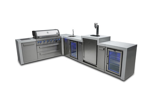 Mont Alpi MAi805-D90KEGBEVFC 44-inch 6-Burner 115000 BTU 90 Degree Deluxe Stainless Steel Gas Outdoor Kitchen Island Grill + Compact Refrigerator + 3 Beer Tap Keg Dispenser + Rotisserie Kit + Storage - CookCave