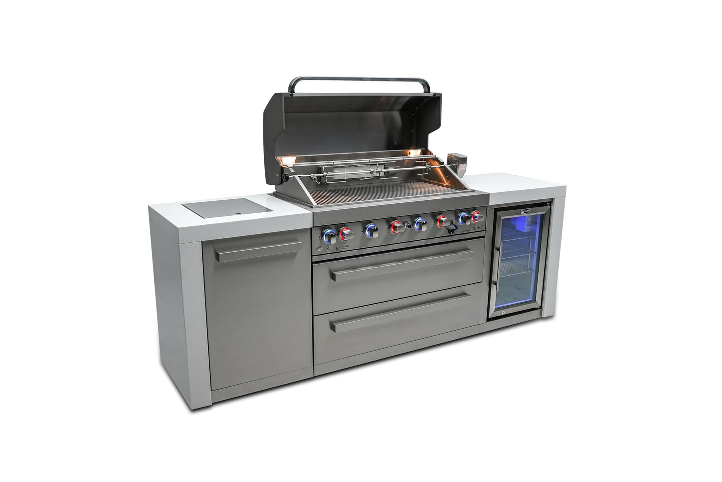 Mont Alpi MAi805- DFC 6 Burner 44-inch Stainless Steel Deluxe Modular Outdoor Kitchen Island BBQ Grill with Fridge Cabinet + Side Burner + Granite Countertops & Sides + Rotisserie and Grill Cover - CookCave