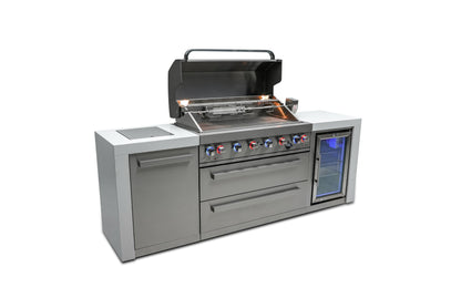 Mont Alpi MAi805- DFC 6 Burner 44-inch Stainless Steel Deluxe Modular Outdoor Kitchen Island BBQ Grill with Fridge Cabinet + Side Burner + Granite Countertops & Sides + Rotisserie and Grill Cover - CookCave