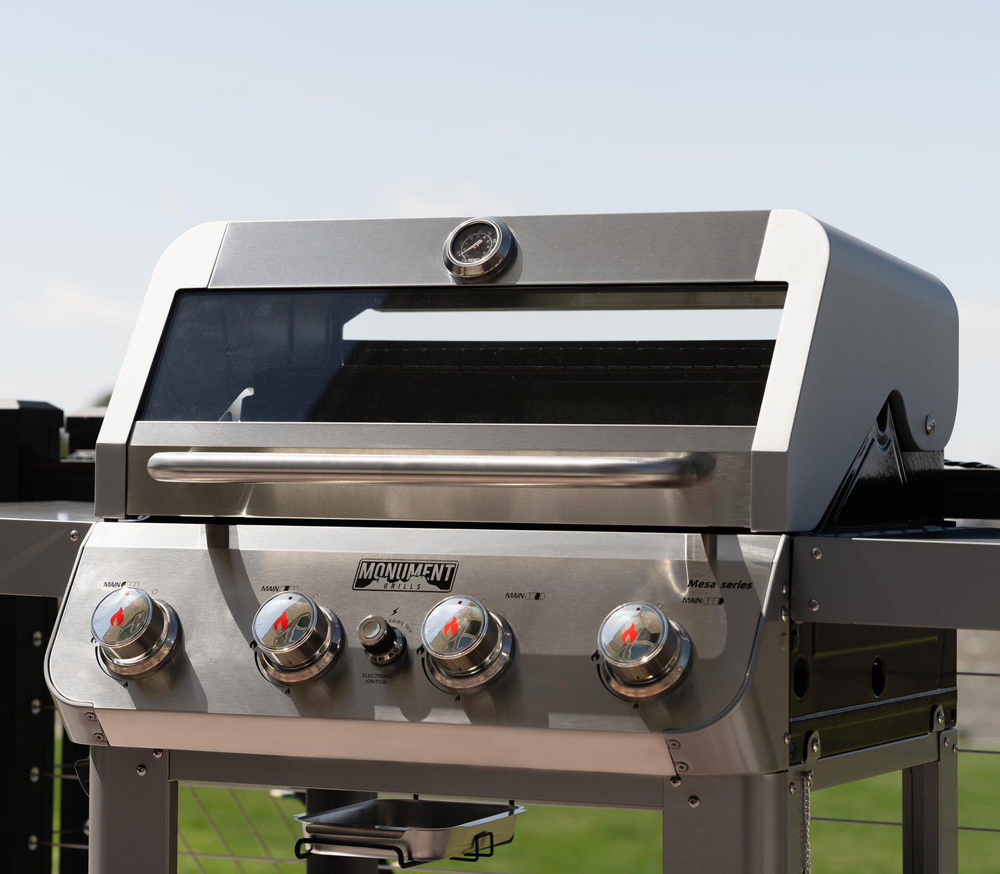 Monument Grills 4-Burner Liquid Propane Gas Grill, Silver Stainless Steel Grill Outdoor Patio Garden Barbecue Grill with Clearview® Lid and One Foldable Shelf, Mesa400MF - CookCave