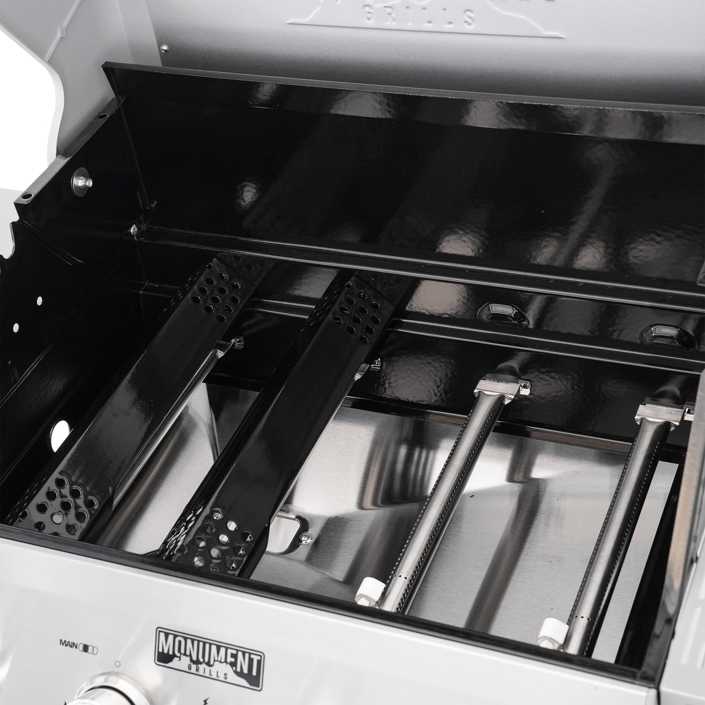 Monument Grills 4-Burner Liquid Propane Gas Grill, Silver Stainless Steel Grill Outdoor Patio Garden Barbecue Grill with Clearview® Lid and One Foldable Shelf, Mesa400MF - CookCave