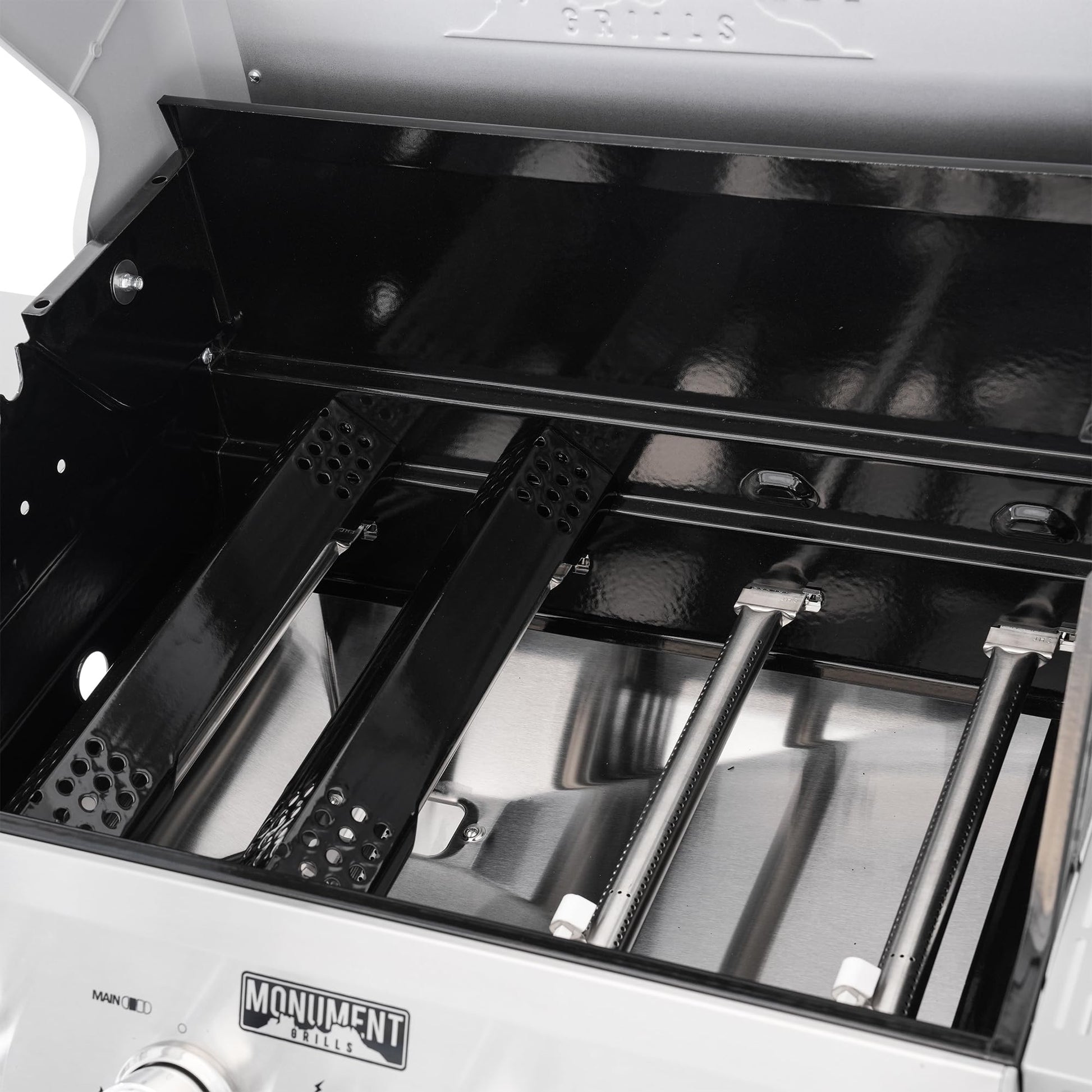 Monument Grills 4-Burner Liquid Propane Gas Grill, Silver Stainless Steel Grill Outdoor Patio Garden Barbecue Grill with Clearview® Lid and One Foldable Shelf, Mesa400MF - CookCave