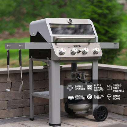 Monument Grills 4-Burner Liquid Propane Gas Grill, Silver Stainless Steel Grill Outdoor Patio Garden Barbecue Grill with Clearview® Lid and One Foldable Shelf, Mesa400MF - CookCave