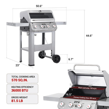 Monument Grills 4-Burner Liquid Propane Gas Grill, Silver Stainless Steel Grill Outdoor Patio Garden Barbecue Grill with Clearview® Lid and One Foldable Shelf, Mesa400MF - CookCave