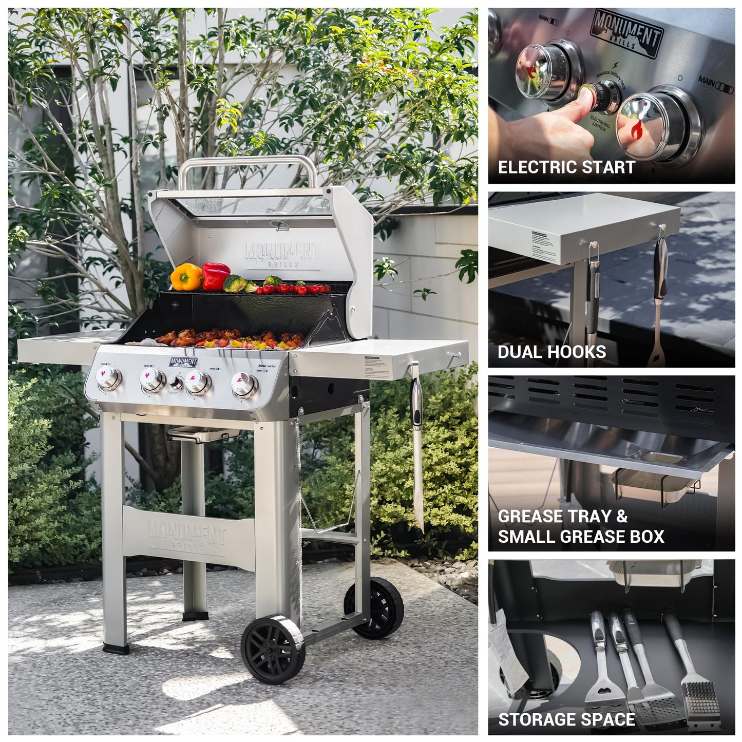 Monument Grills 4-Burner Liquid Propane Gas Grill, Silver Stainless Steel Grill Outdoor Patio Garden Barbecue Grill with Clearview® Lid and One Foldable Shelf, Mesa400MF - CookCave