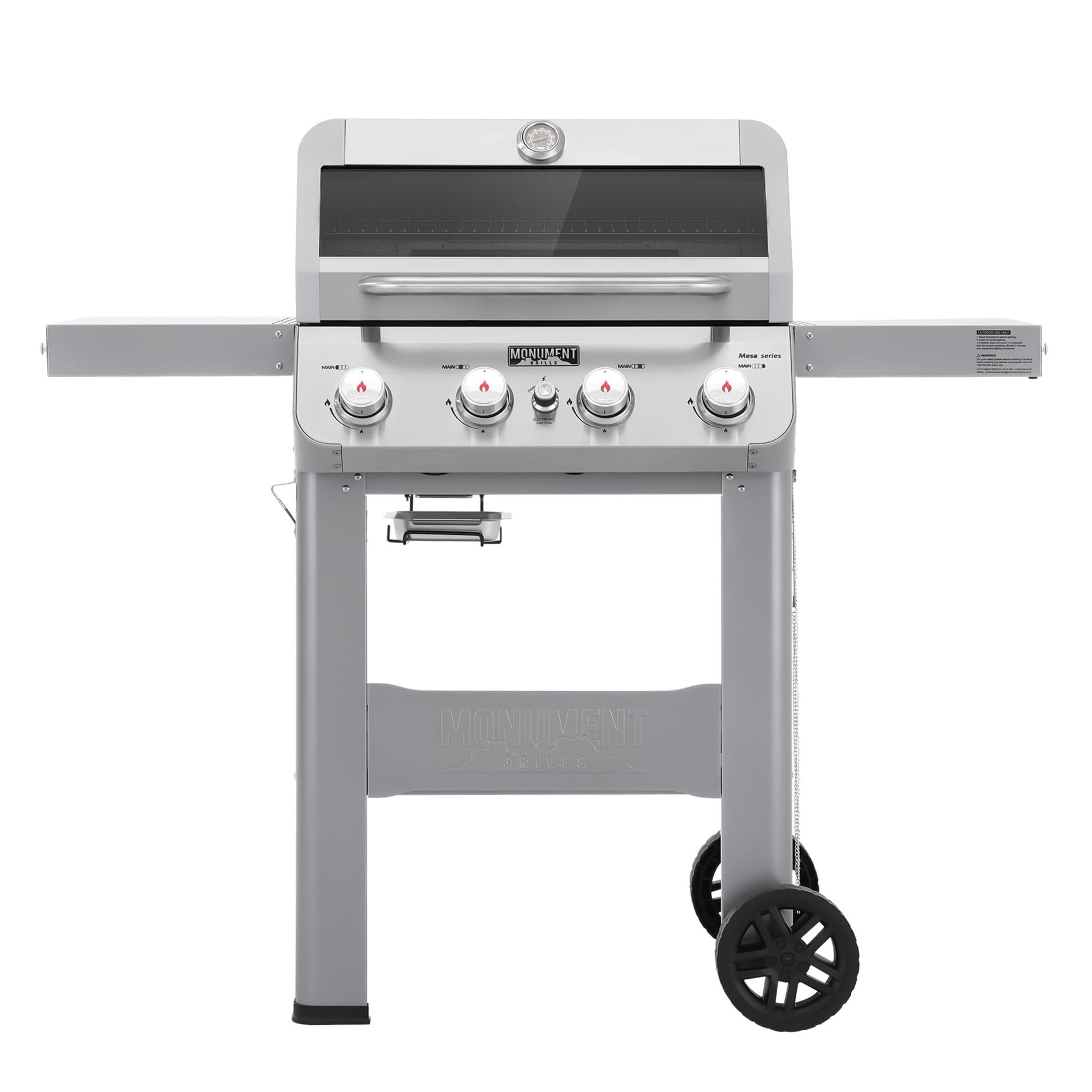 Monument Grills 4-Burner Liquid Propane Gas Grill, Silver Stainless Steel Grill Outdoor Patio Garden Barbecue Grill with Clearview® Lid and One Foldable Shelf, Mesa400MF - CookCave