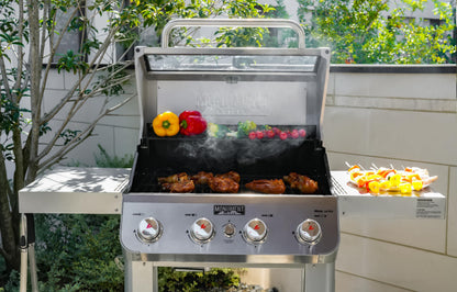 Monument Grills 4-Burner Liquid Propane Gas Grill, Silver Stainless Steel Grill Outdoor Patio Garden Barbecue Grill with Clearview® Lid and One Foldable Shelf, Mesa400MF - CookCave