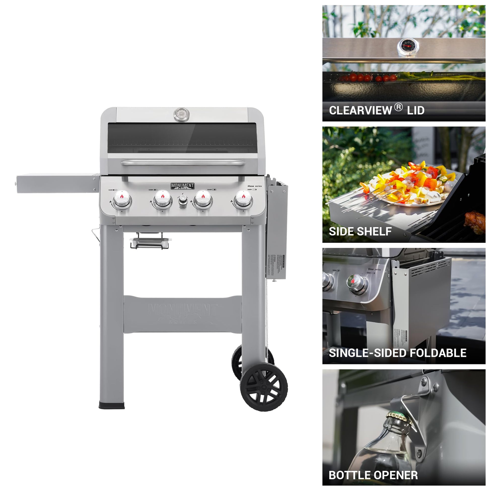 Monument Grills 4-Burner Liquid Propane Gas Grill, Silver Stainless Steel Grill Outdoor Patio Garden Barbecue Grill with Clearview® Lid and One Foldable Shelf, Mesa400MF - CookCave
