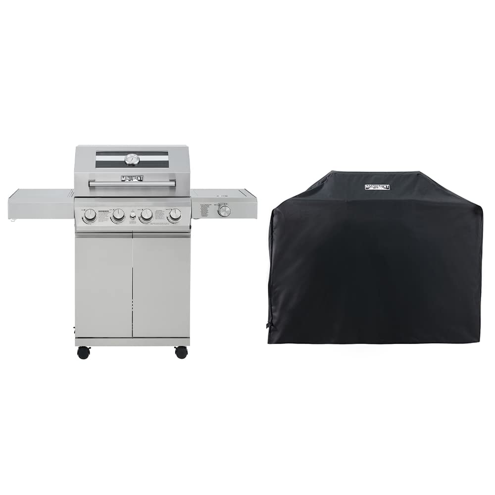 Monument Grills Larger 4-Burner Propane Gas Grills BBQ Stainless Steel Heavy-Duty Cabinet Style with BBQ Cover - CookCave