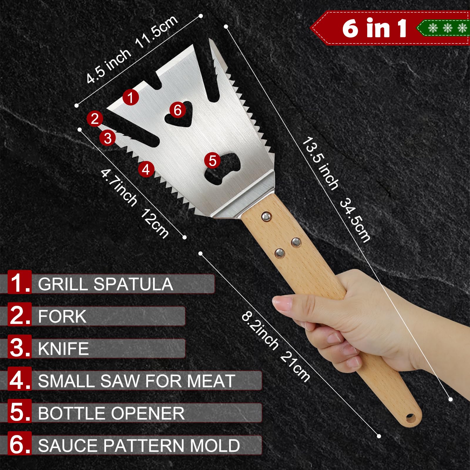 Mordx Grill Spatula for Outdoor Grill，Multifunction Grill Spatula with Wooden Handle,BBQ Spatula for Grill,6 in 1 Grilling Tools 14" Long Barbecue Tools，Perfect BBQ Gifts for Men - CookCave