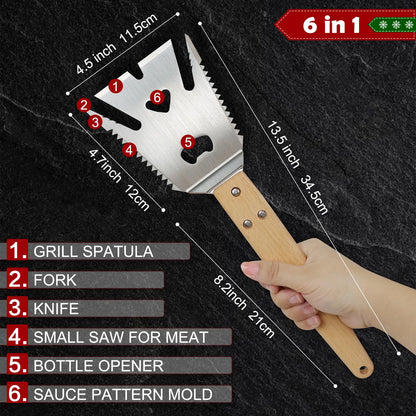 Mordx Grill Spatula for Outdoor Grill，Multifunction Grill Spatula with Wooden Handle,BBQ Spatula for Grill,6 in 1 Grilling Tools 14" Long Barbecue Tools，Perfect BBQ Gifts for Men - CookCave