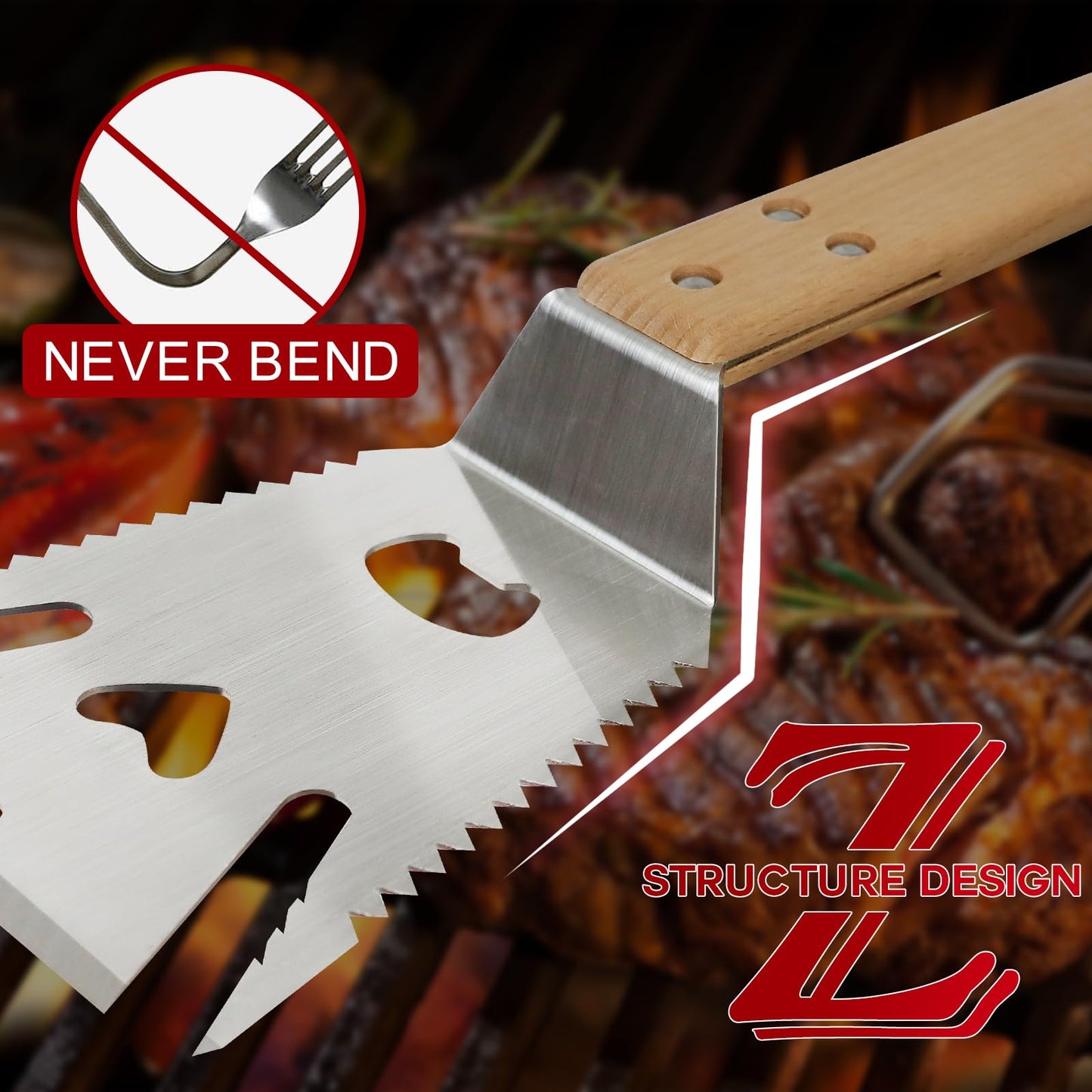 Mordx Grill Spatula for Outdoor Grill，Multifunction Grill Spatula with Wooden Handle,BBQ Spatula for Grill,6 in 1 Grilling Tools 14" Long Barbecue Tools，Perfect BBQ Gifts for Men - CookCave