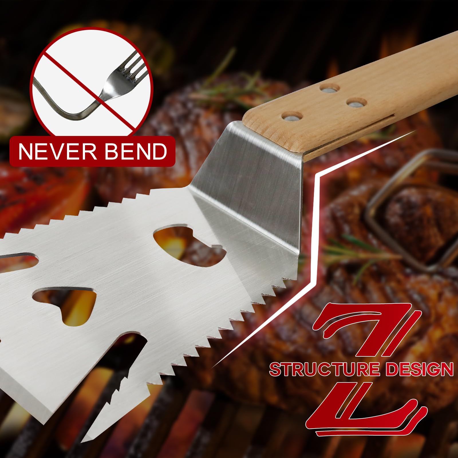 Mordx Grill Spatula for Outdoor Grill，Multifunction Grill Spatula with Wooden Handle,BBQ Spatula for Grill,6 in 1 Grilling Tools 14" Long Barbecue Tools，Perfect BBQ Gifts for Men - CookCave