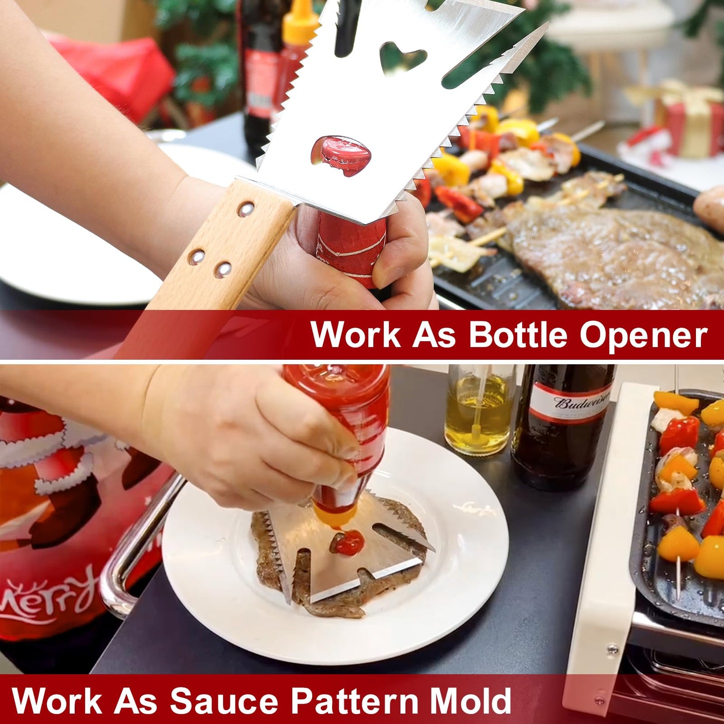 Mordx Grill Spatula for Outdoor Grill，Multifunction Grill Spatula with Wooden Handle,BBQ Spatula for Grill,6 in 1 Grilling Tools 14" Long Barbecue Tools，Perfect BBQ Gifts for Men - CookCave