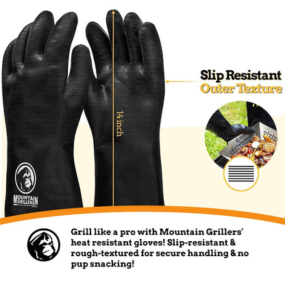 Mountain Grillers Extreme Heat Resistant Gloves for Grill BBQ High Temperature Fire Pit Gloves Barbecue Cooking, Smoker, Oven, Fryer, Grilling Waterproof, Fireproof Oil Resistant Neoprene Coating 14in - CookCave