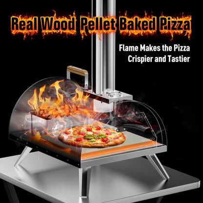 Multi-Fuel Pizza Oven Outdoor, 12" Portable Wood and Gas Fired Pizza Oven with Thermometer,Gas Hose & Pizza Stone,Heats up to 1000°F,Stainless Steel Pizza Oven for Backyard or Camping (Black) - CookCave