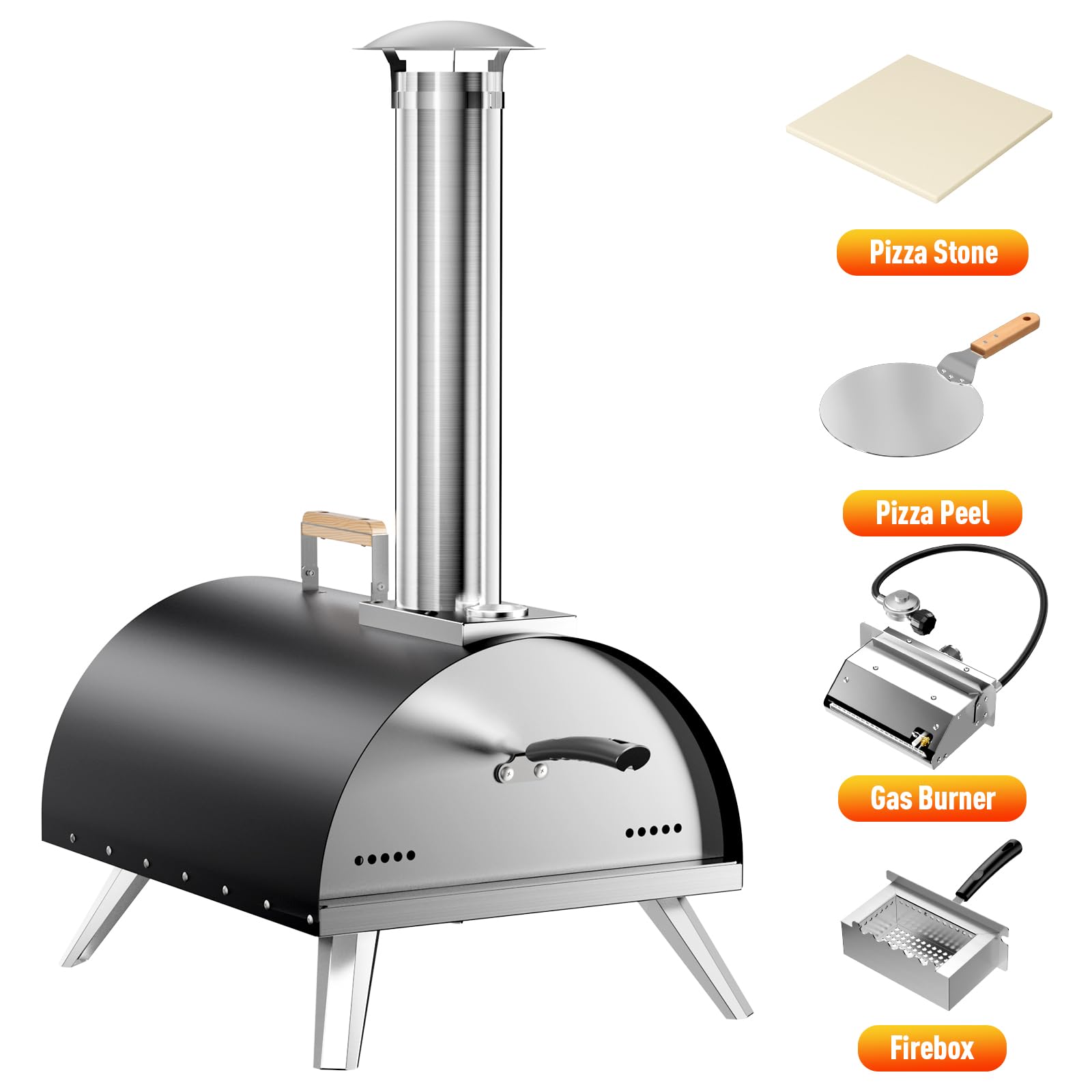 Multi-Fuel Pizza Oven Outdoor, 12" Portable Wood and Gas Fired Pizza Oven with Thermometer,Gas Hose & Pizza Stone,Heats up to 1000°F,Stainless Steel Pizza Oven for Backyard or Camping (Black) - CookCave