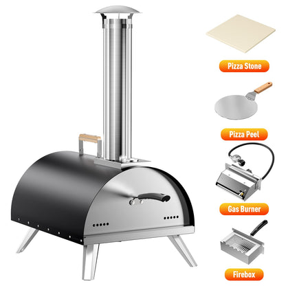 Multi-Fuel Pizza Oven Outdoor, 12" Portable Wood and Gas Fired Pizza Oven with Thermometer,Gas Hose & Pizza Stone,Heats up to 1000°F,Stainless Steel Pizza Oven for Backyard or Camping (Black) - CookCave