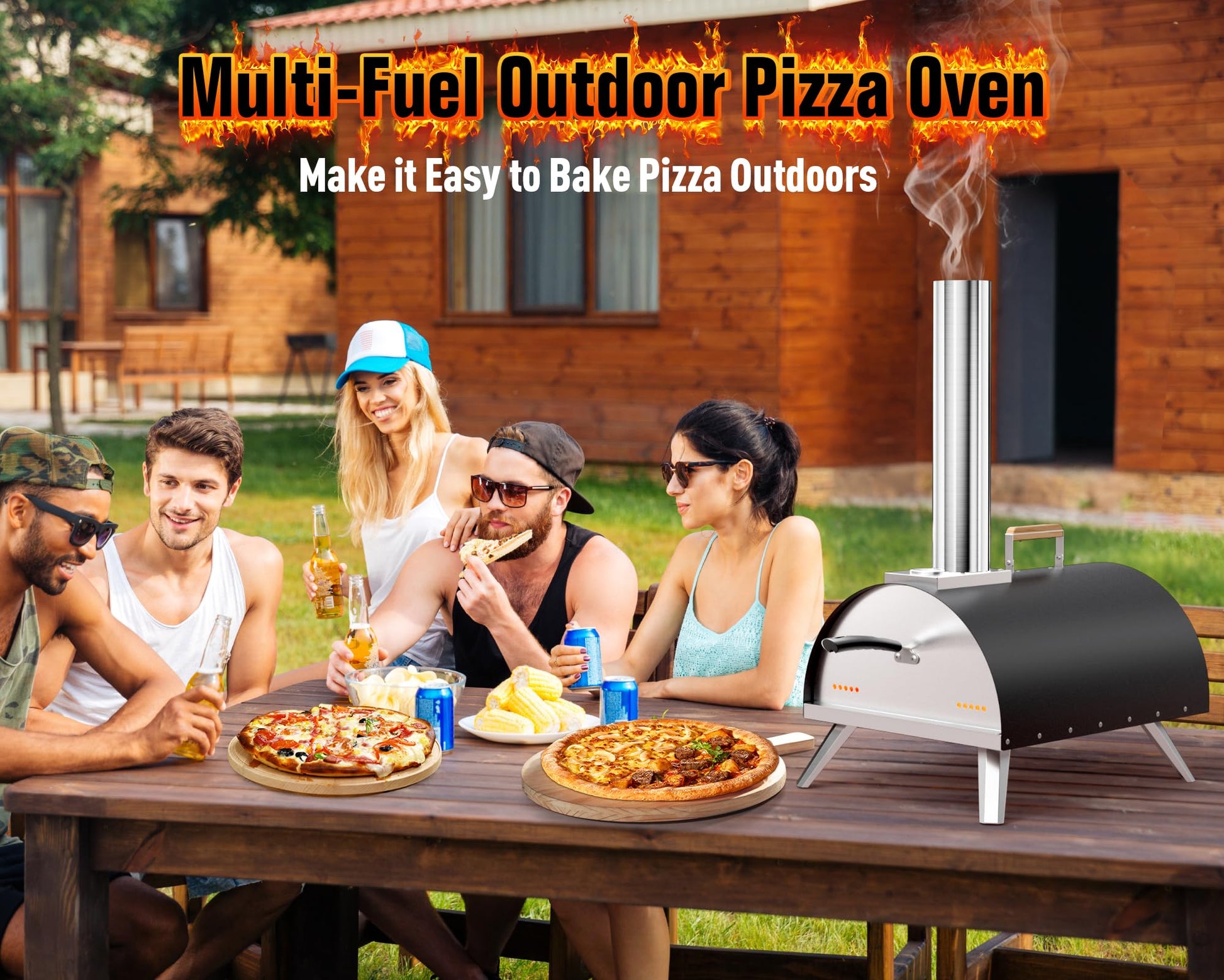 Multi-Fuel Pizza Oven Outdoor, 12" Portable Wood and Gas Fired Pizza Oven with Thermometer,Gas Hose & Pizza Stone,Heats up to 1000°F,Stainless Steel Pizza Oven for Backyard or Camping (Black) - CookCave