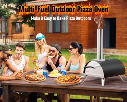 Multi-Fuel Pizza Oven Outdoor, 12" Portable Wood and Gas Fired Pizza Oven with Thermometer,Gas Hose & Pizza Stone,Heats up to 1000°F,Stainless Steel Pizza Oven for Backyard or Camping (Black) - CookCave