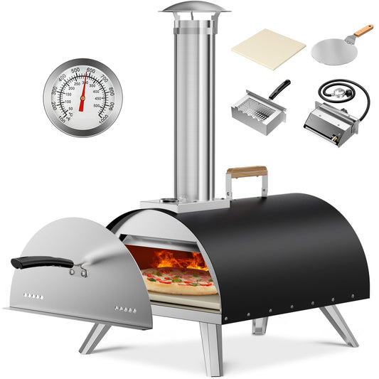 Multi-Fuel Pizza Oven Outdoor, 12" Portable Wood and Gas Fired Pizza Oven with Thermometer,Gas Hose & Pizza Stone,Heats up to 1000°F,Stainless Steel Pizza Oven for Backyard or Camping (Black) - CookCave