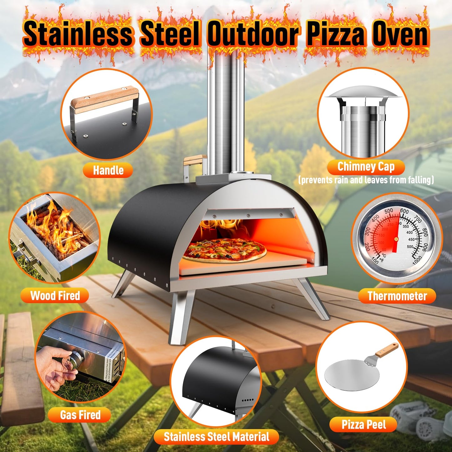 Multi-Fuel Pizza Oven Outdoor, 12" Portable Wood and Gas Fired Pizza Oven with Thermometer,Gas Hose & Pizza Stone,Heats up to 1000°F,Stainless Steel Pizza Oven for Backyard or Camping (Black) - CookCave