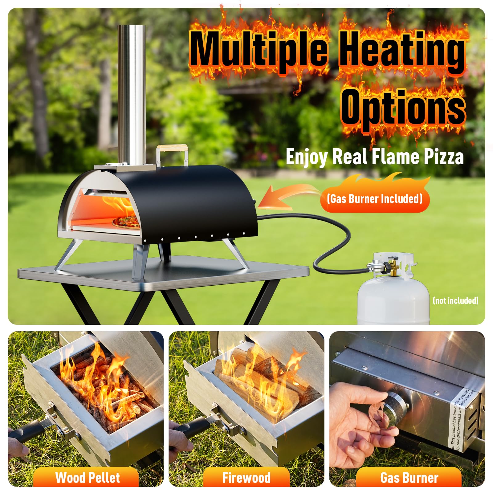 Multi-Fuel Pizza Oven Outdoor, 12" Portable Wood and Gas Fired Pizza Oven with Thermometer,Gas Hose & Pizza Stone,Heats up to 1000°F,Stainless Steel Pizza Oven for Backyard or Camping (Black) - CookCave