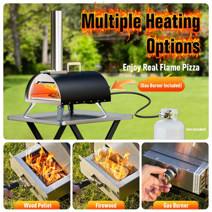 Multi-Fuel Pizza Oven Outdoor, 12" Portable Wood and Gas Fired Pizza Oven with Thermometer,Gas Hose & Pizza Stone,Heats up to 1000°F,Stainless Steel Pizza Oven for Backyard or Camping (Black) - CookCave